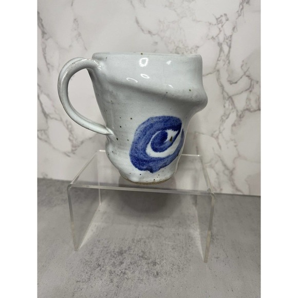 Vintage Blue Grey Salt Glazed Hand Thrown Art Pottery Mug Abstract Signed GR - Picture 5 of 10
